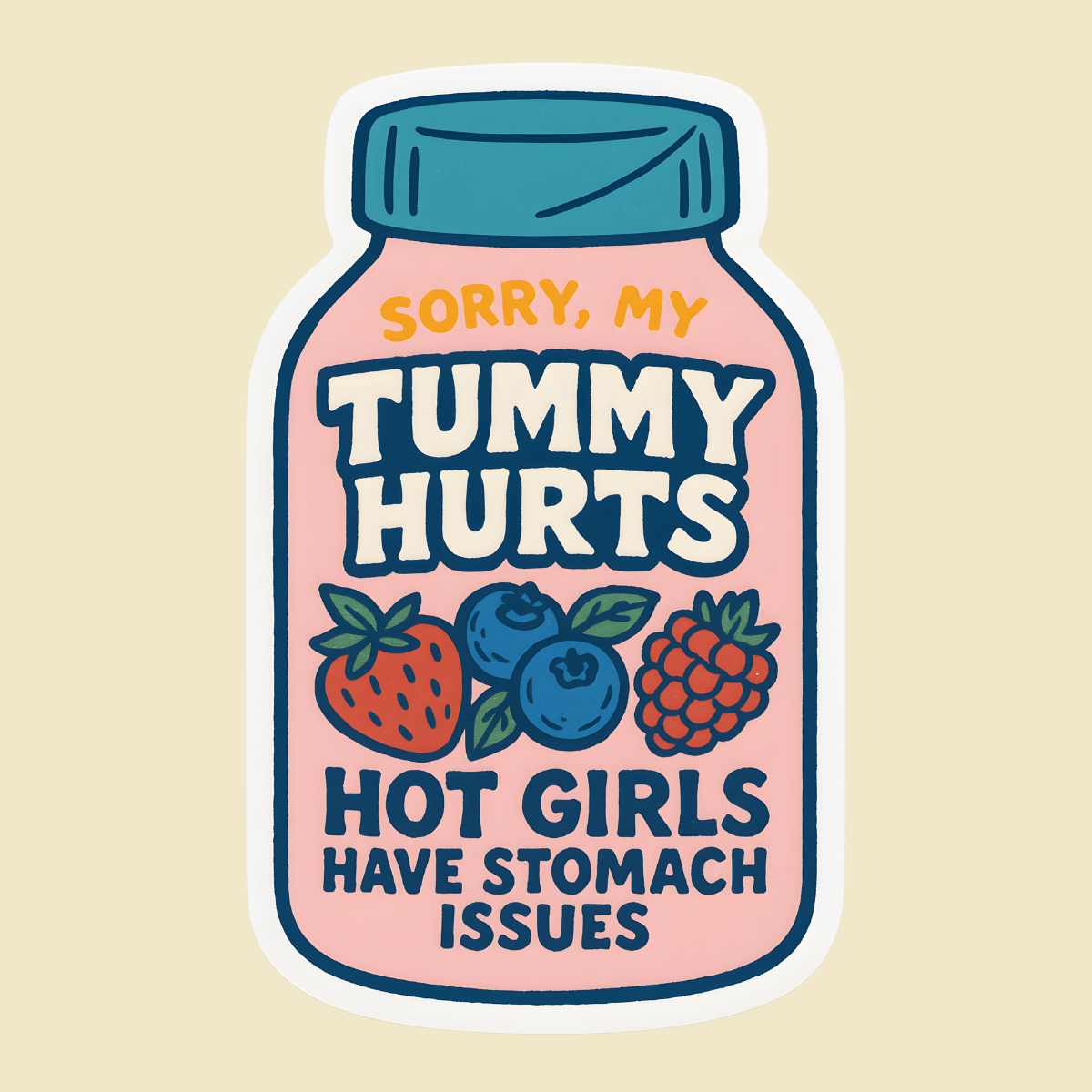Sticker with a jar design and humorous text on a beige background