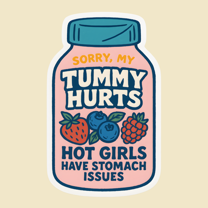 Sticker with a jar design and humorous text on a beige background
