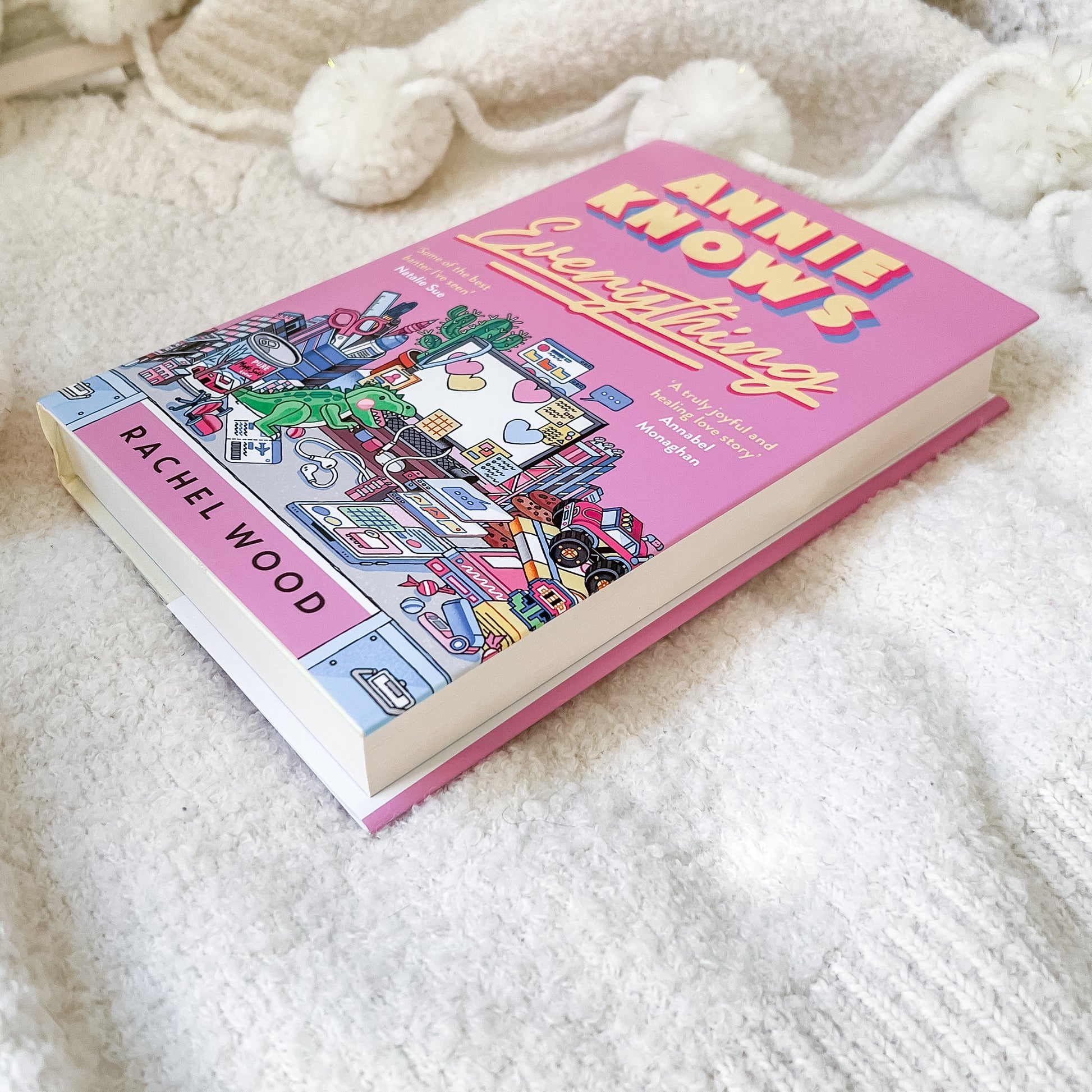 Book titled 'Annie Knows Everything' by Rachel Wood on a soft white surface