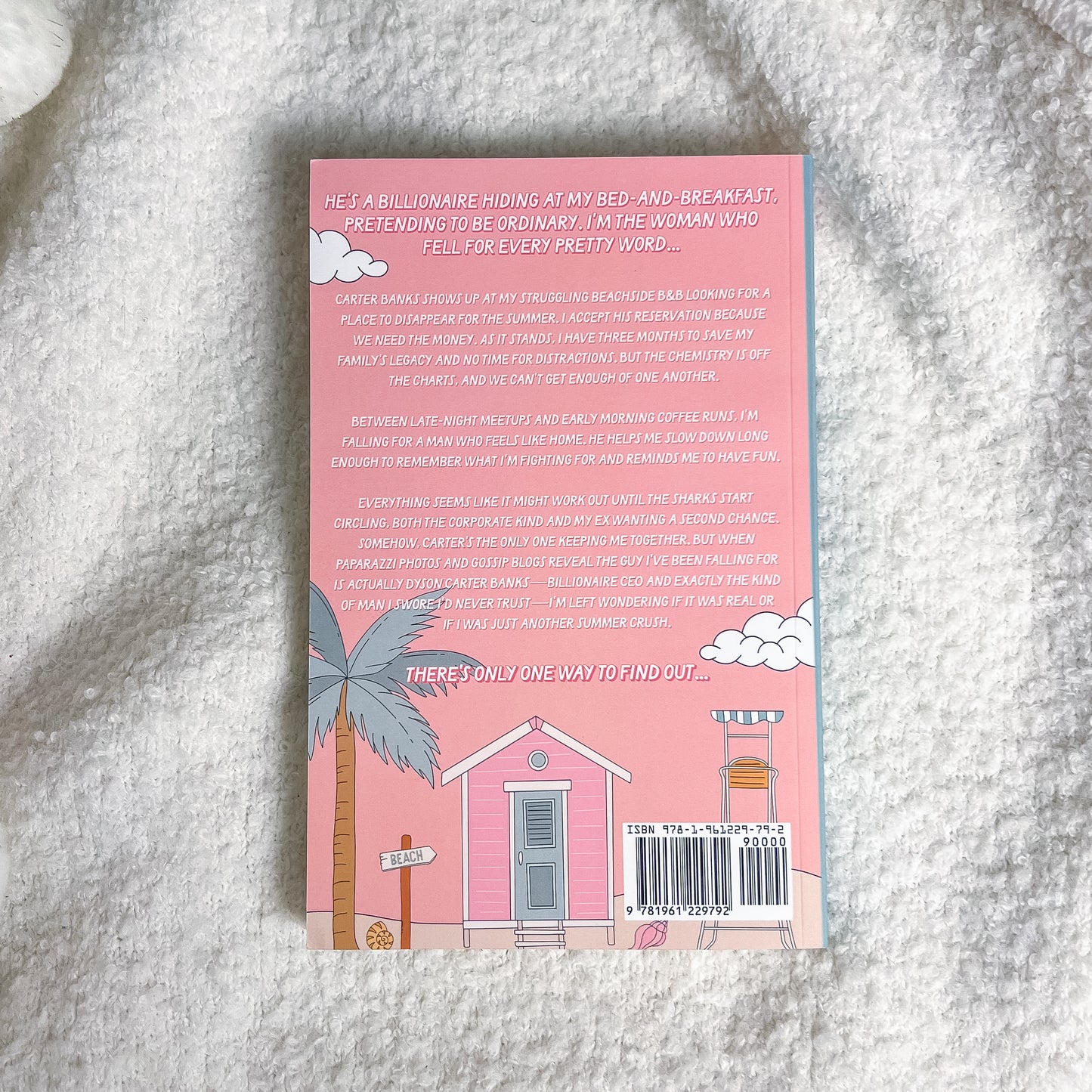 Back cover of a book with pink design and text on a textured surface