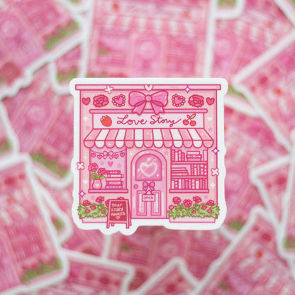 Pink 'Love Story' building illustration on a pink patterned background