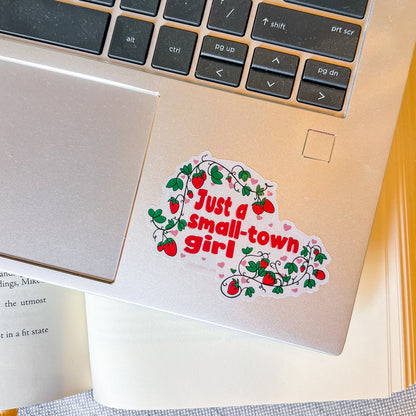 Just a small-town girl sticker on a laptop.