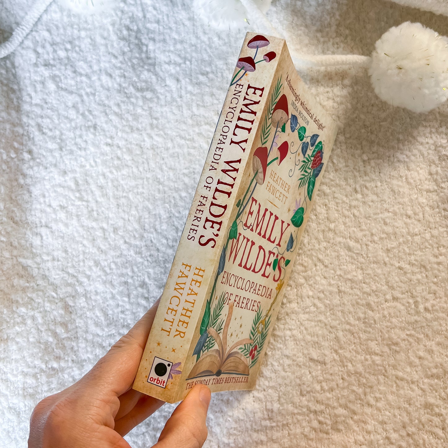 Hand holding a book titled 'Emily Wilde's Encyclopaedia of Fairies' against a soft white background.