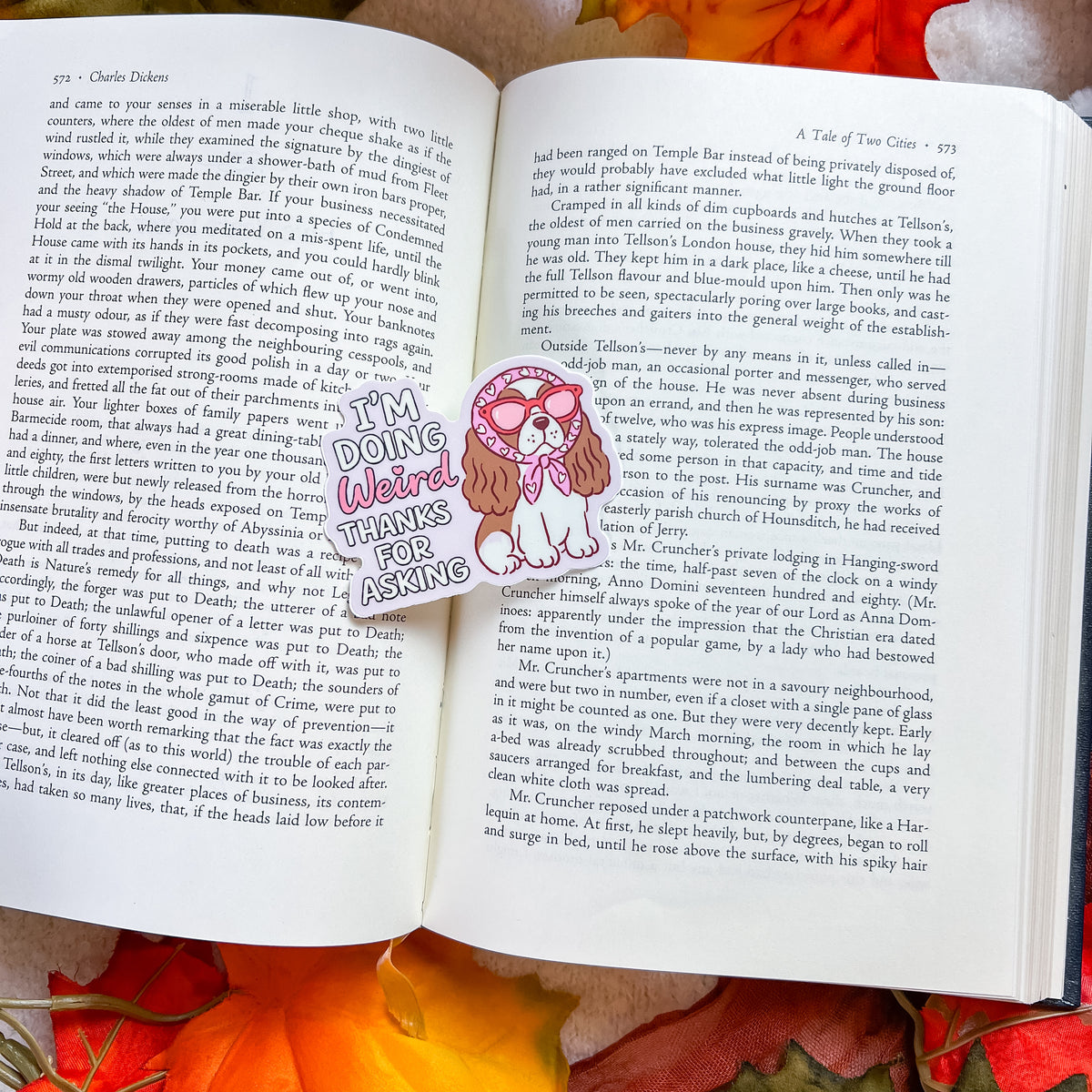 An open book spread showing printed text pages with a colorful cartoon illustration in the center. The illustration shows a girl with long dark hair tied back, wearing a pink and white outfit, with the words 'Doing Weirdo Thanks for Asking' written in a playful font.