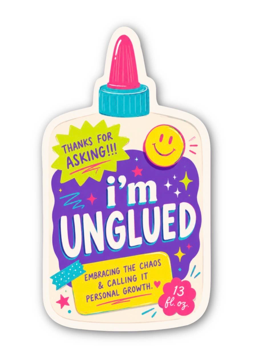 Squeeze bottle labeled 'i'm Unglued' with colorful design on a white background