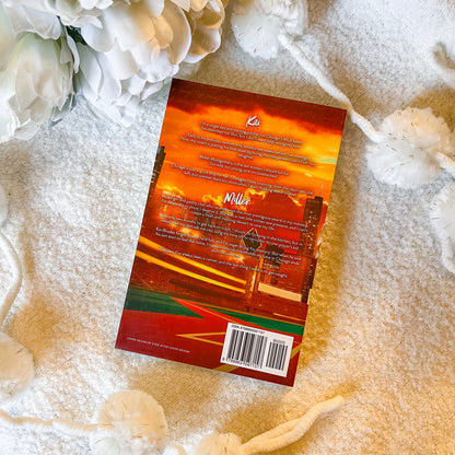Book back cover with a scenic design on a textured surface