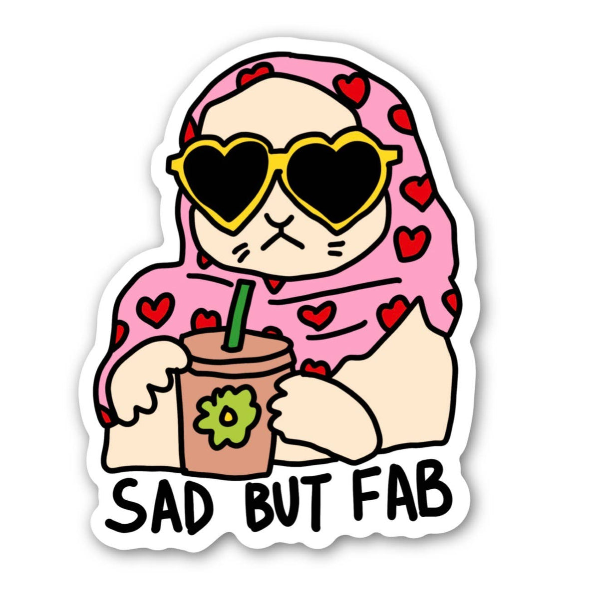 Sticker with cartoon character wearing a pink hijab, heart sunglasses, and holding a Starbucks cup with 'SAD BUT FAB' text.