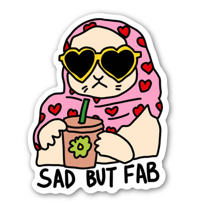 Sticker with cartoon character wearing a pink hijab, heart sunglasses, and holding a Starbucks cup with 'SAD BUT FAB' text.