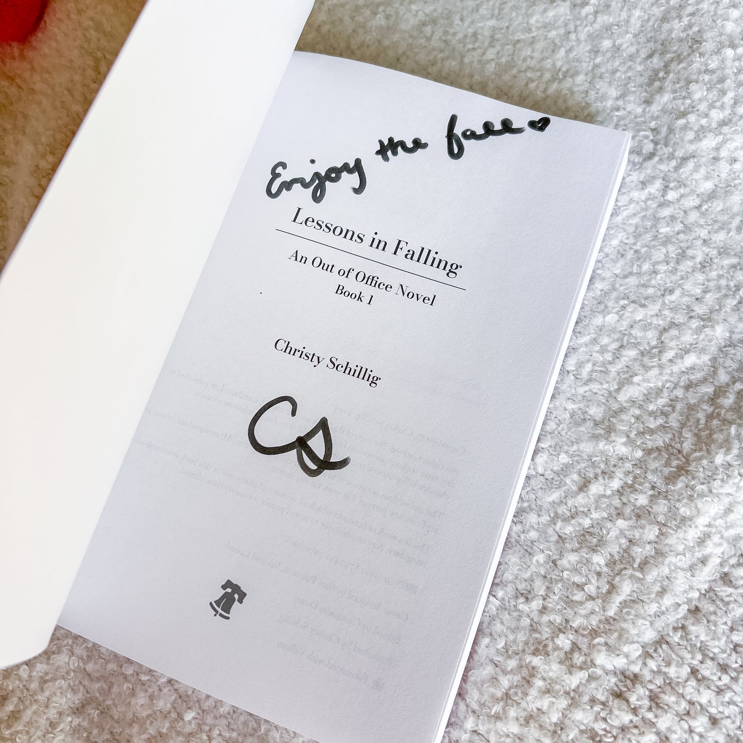 Signed front page of "lessons in falling" by Christy Schillig