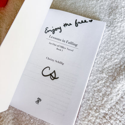 Signed front page of "lessons in falling" by Christy Schillig