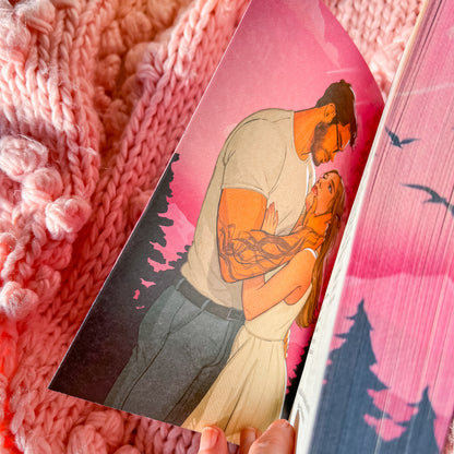 Illustration of a couple embracing on a pink background with a textured pink fabric surface.