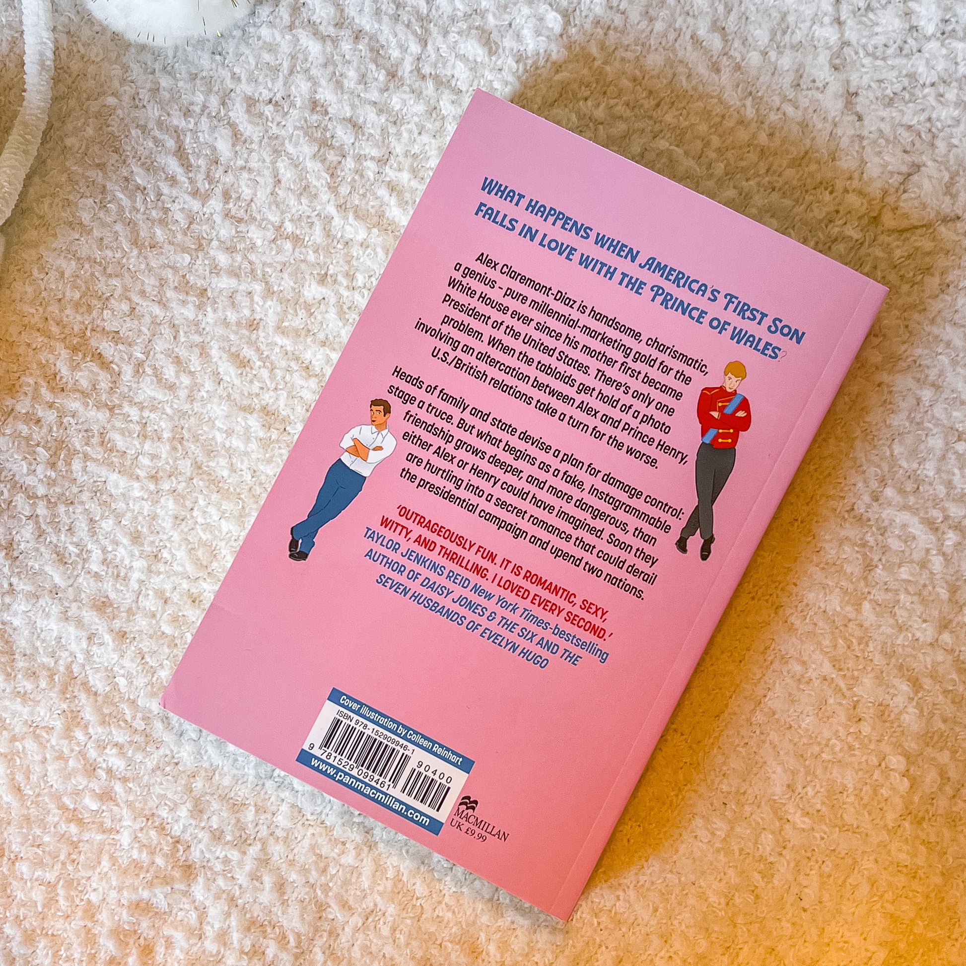 Back of the book titled 'Red, White & Royal Blue' by Casey McQuiston on a white background