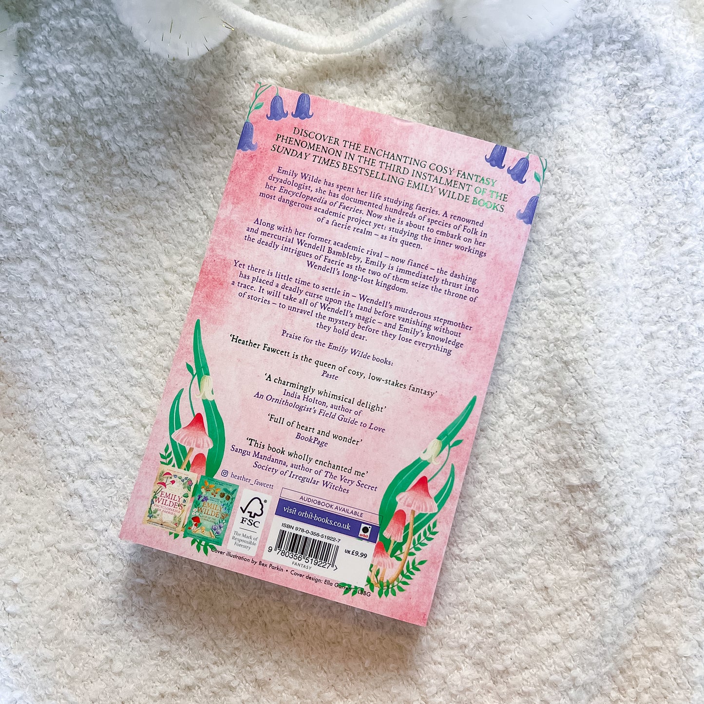 Back cover of a book with pink design and text on a textured surface