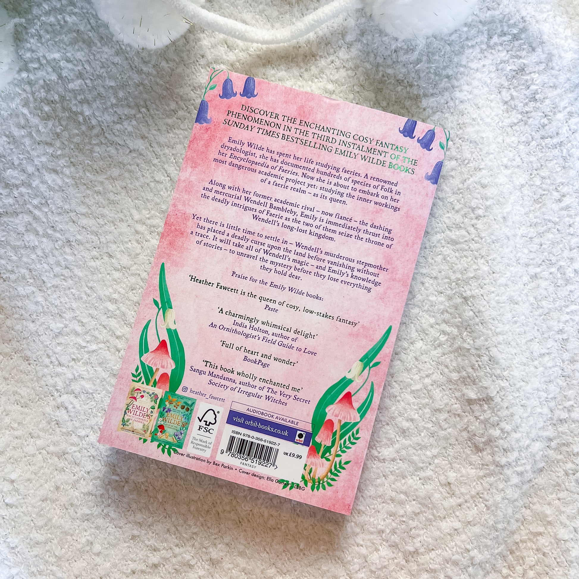 Back cover of a book with pink design and text on a textured surface
