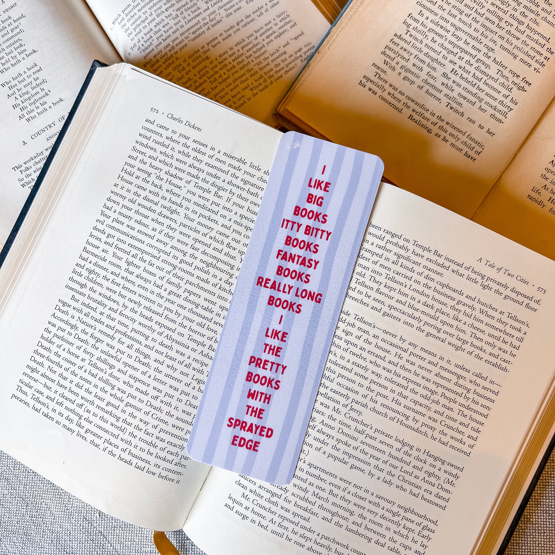 Bookmarks with humorous text on an open book