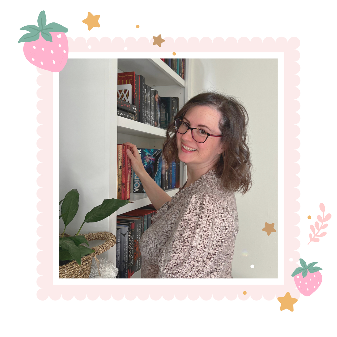 Woman reaching for a book on a shelf with decorative elements around the photo.