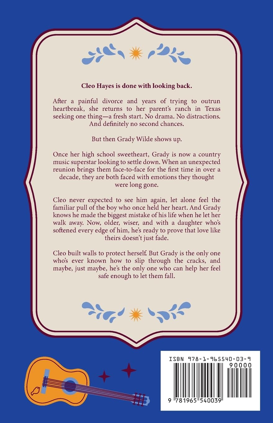Book back cover with text and a guitar illustration on a blue background