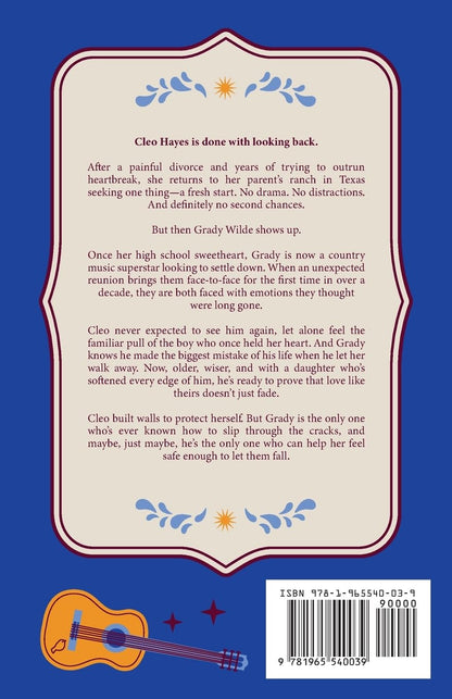 Book back cover with text and a guitar illustration on a blue background