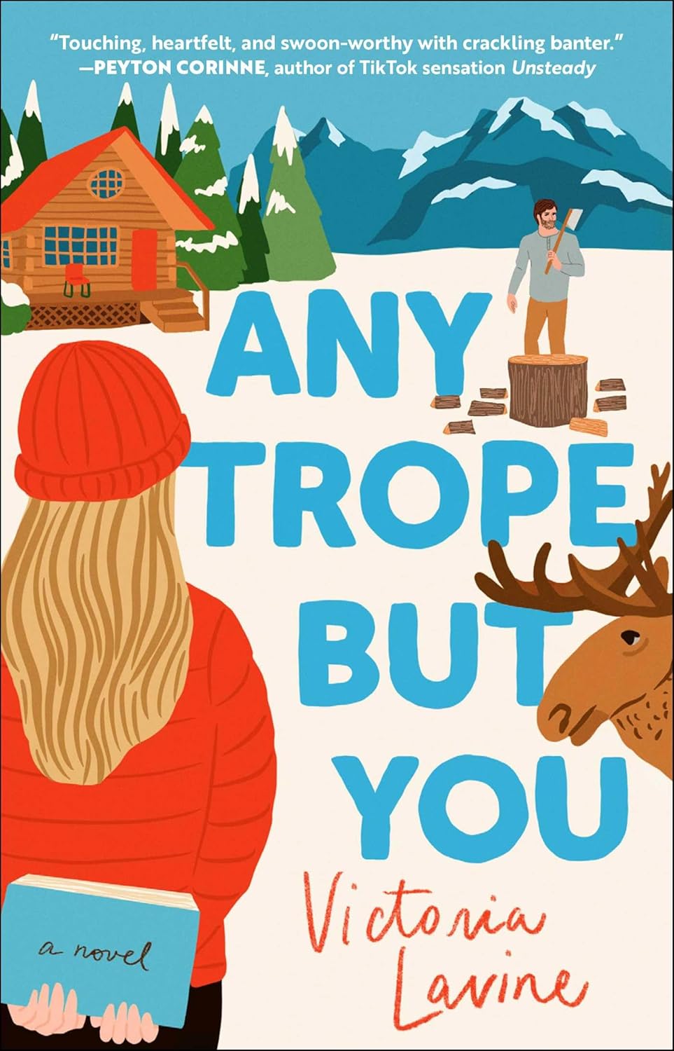 Book cover of 'Any Trope But You' with a woman, man, and deer in a snowy landscape.
