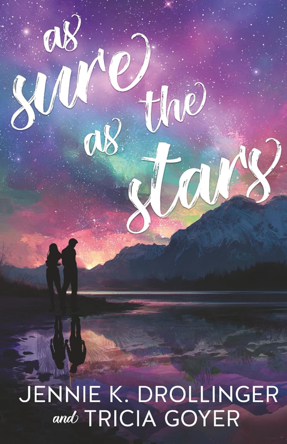 Book cover of 'As Sure as the Stars' with a couple by a lake under a colorful sky.