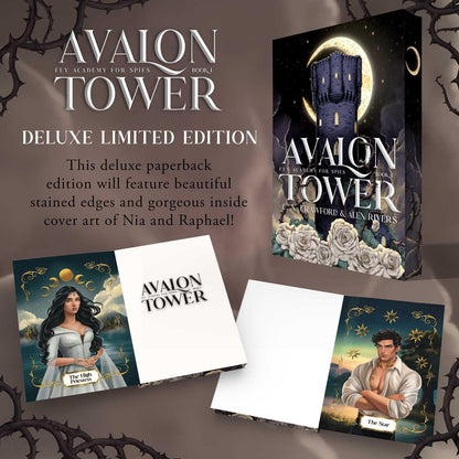 Avalon Tower deluxe limited edition book with cover art and text on a dark background