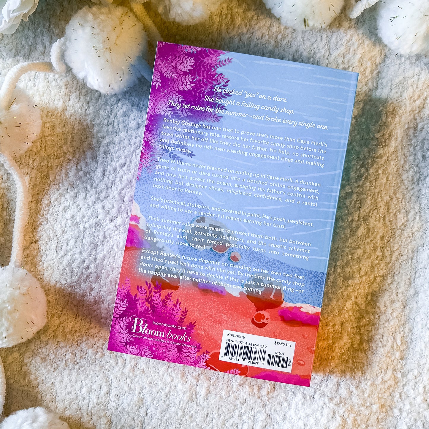 The back of the book "rules for the summer" on a textured white background.