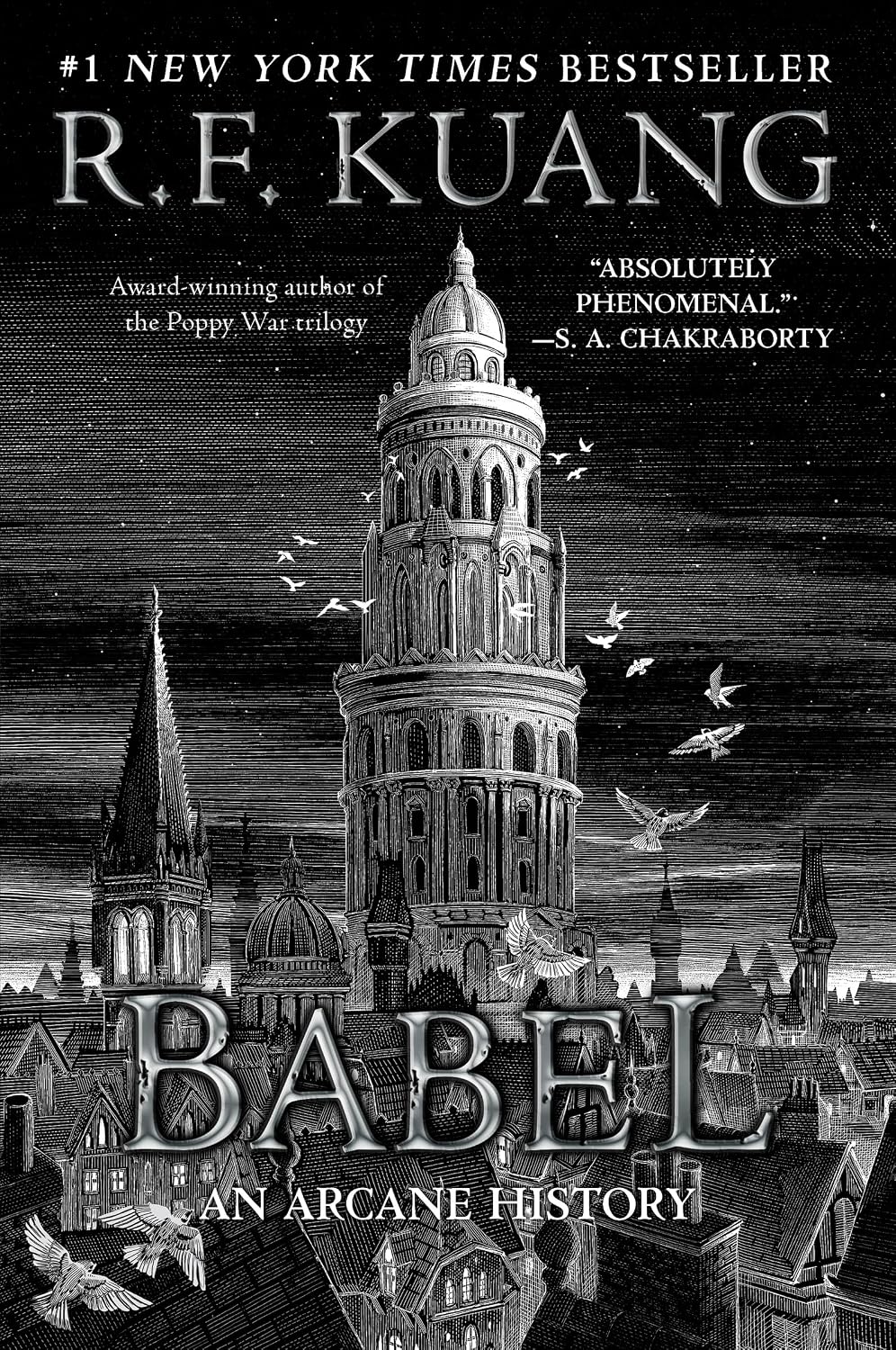 Book cover of 'Babel: An Arcane History' by R.F. Kuang with a tower and cityscape illustration.