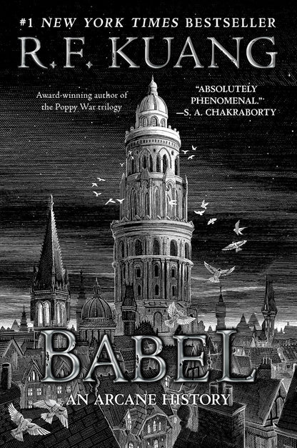 Book cover of 'Babel: An Arcane History' by R.F. Kuang with a tower and cityscape illustration.