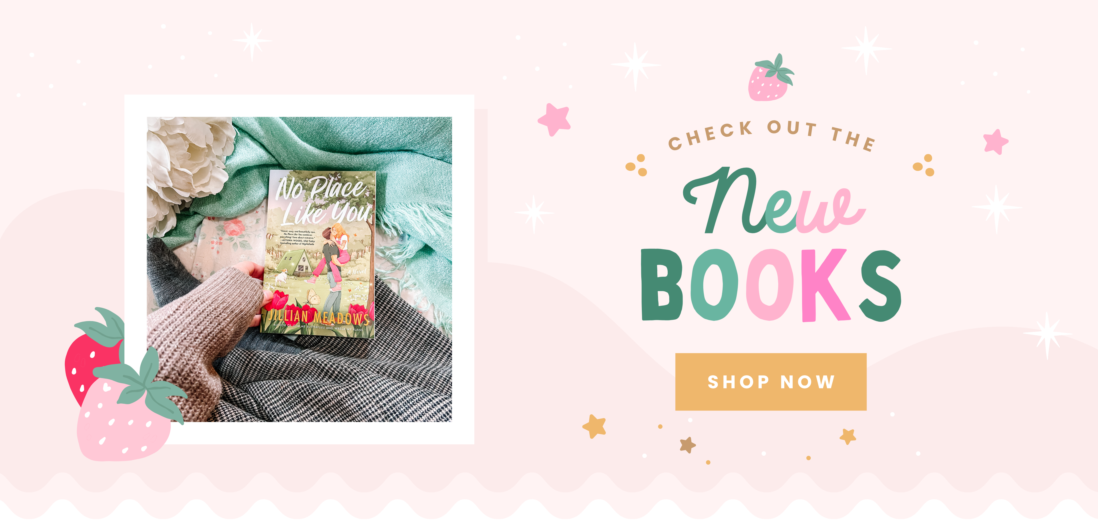 Promotional banner with a book and text encouraging viewers to check out new books and shop now.