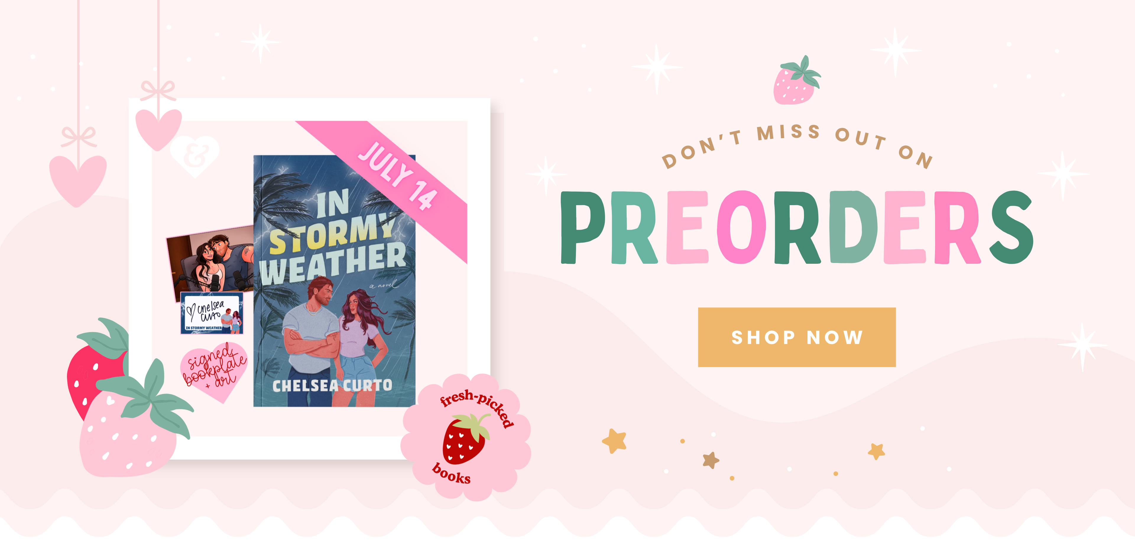 Promotional banner for preorders with a book cover and call to action text on a light pink background.