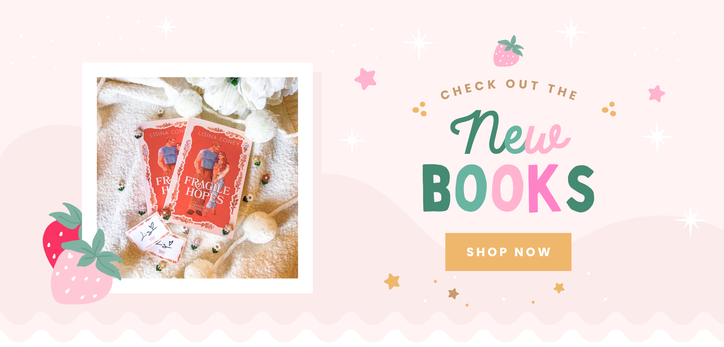 Promotional banner with 'New Books' text and a 'Shop Now' button on a light pink background.