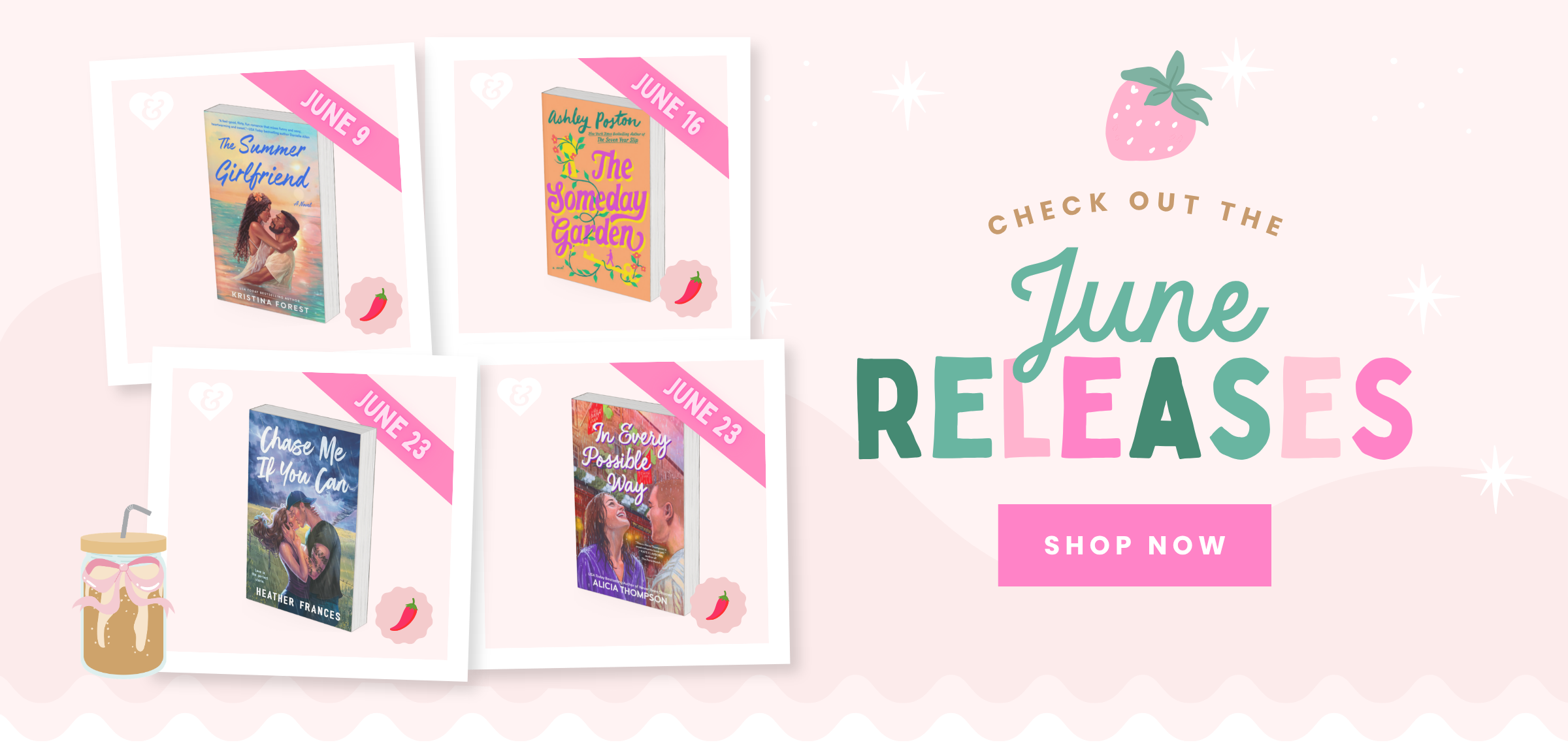 Promotional banner for June releases with book covers and a 'Shop Now' button on a light pink background.