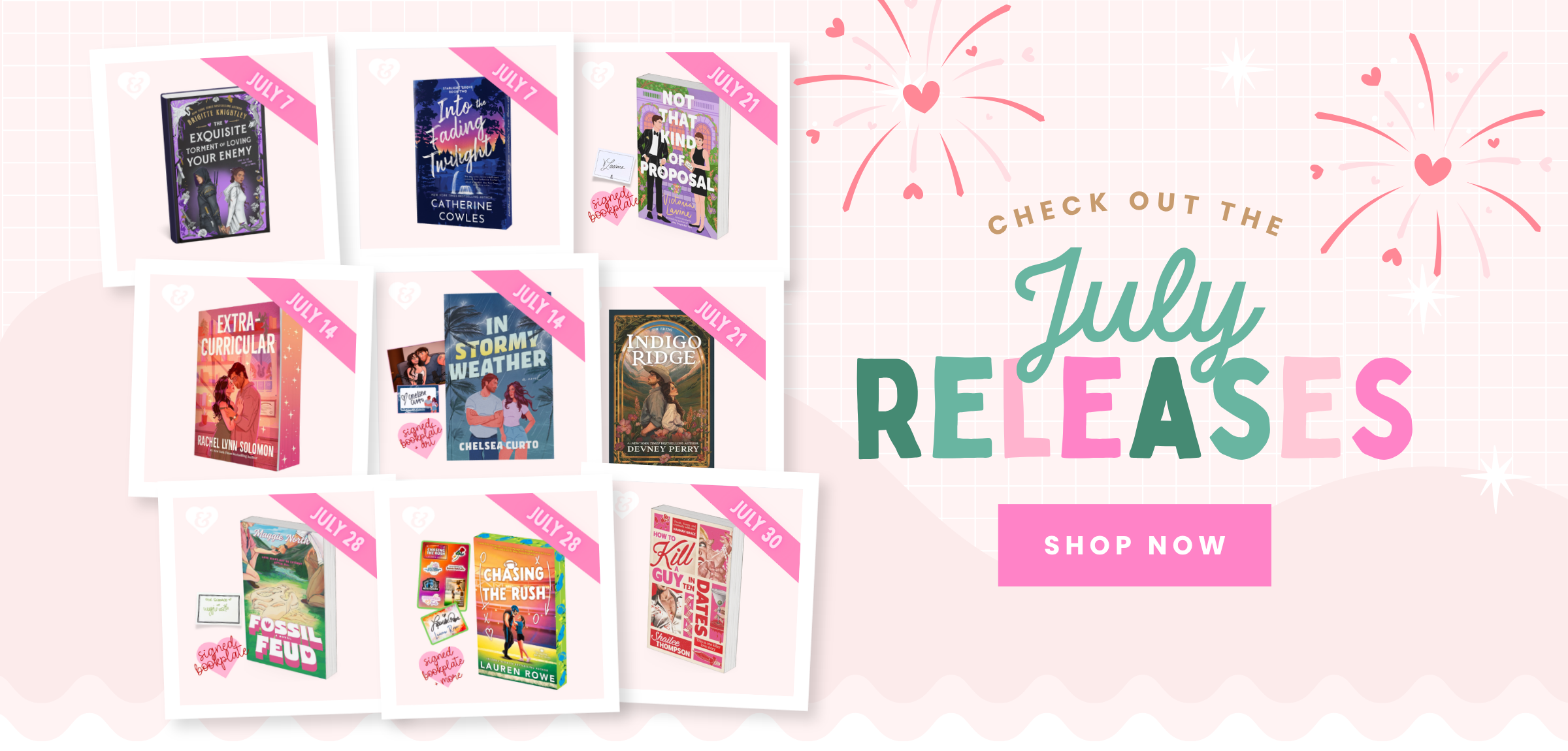 Promotional banner for July releases with book covers and a 'Shop Now' button on a light pink background.