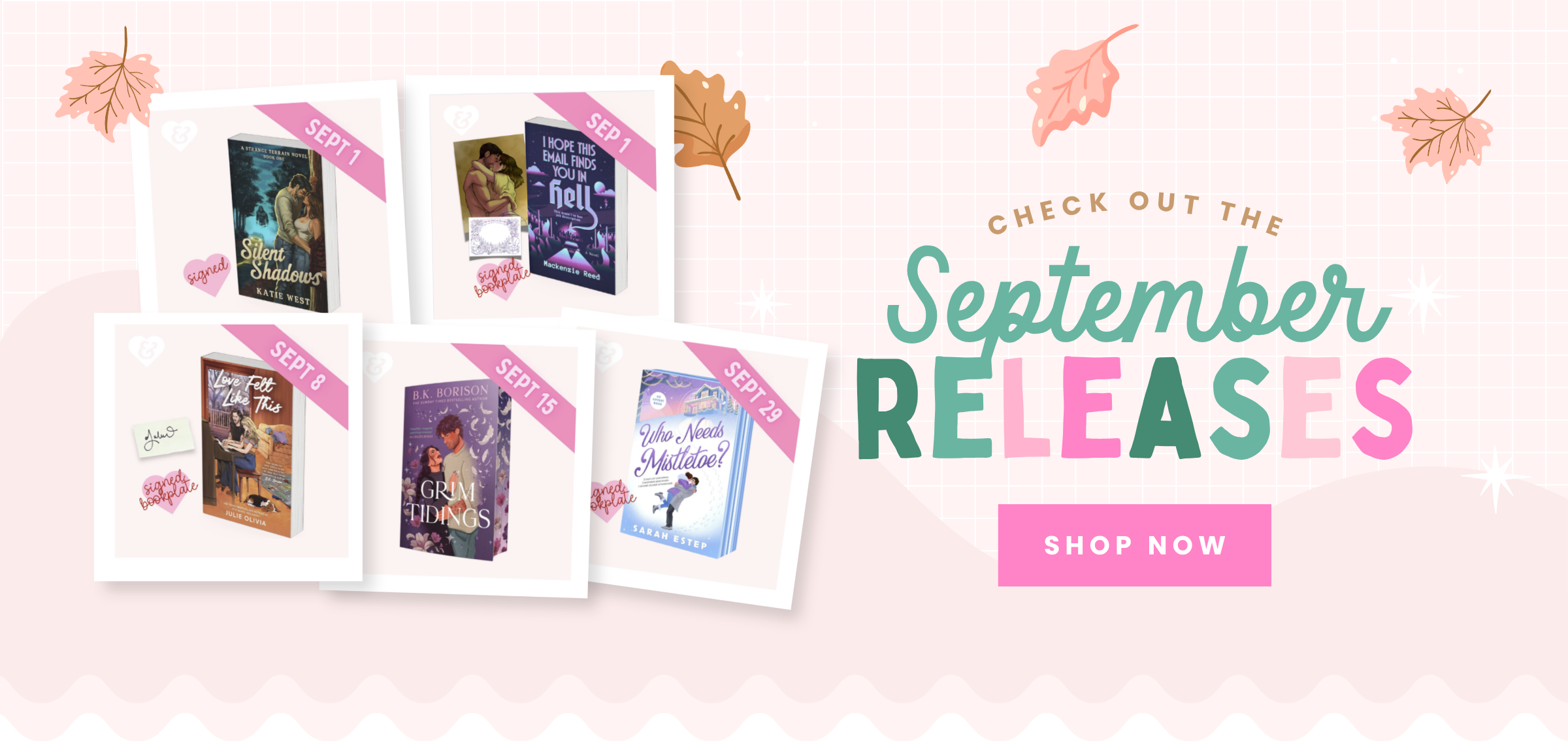 Promotional banner for a September book release featuring five book covers arranged on the left, decorative autumn leaves, and large text reading 'Check out the September Releases' with a pink 'Shop Now' button on a pale pink background.