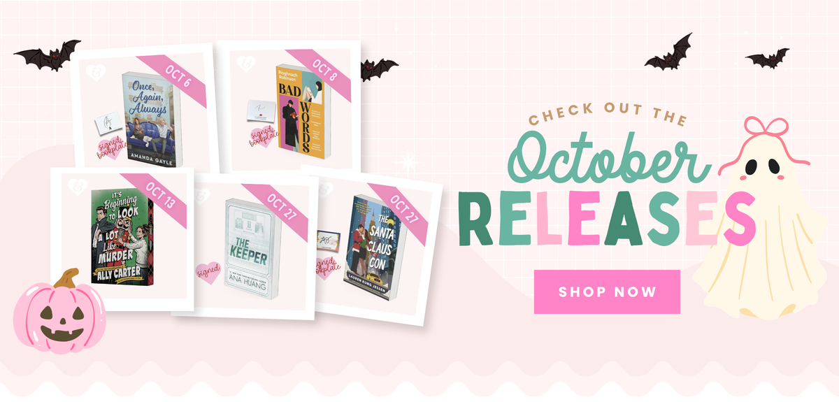 Image with several books framed in white frames and the text "check out the october releases" with fall themed graphics.