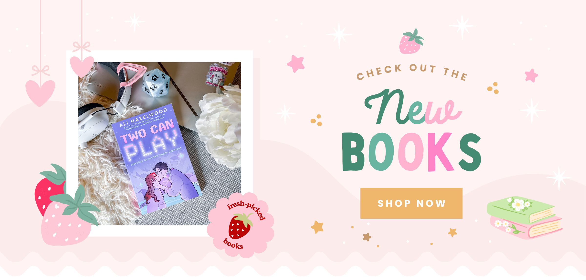 Promotional banner for 'Two Can Play' books with a book cover and decorative elements on a light pink background.