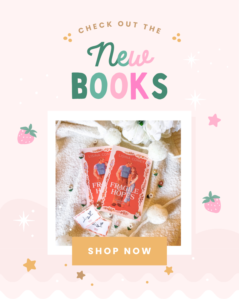 Promotional graphic with 'New Books' text and a 'Shop Now' button on a light pink background.