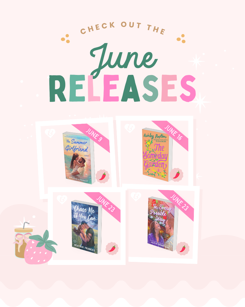 Promotional graphic for June releases with book covers and a pink gradient background