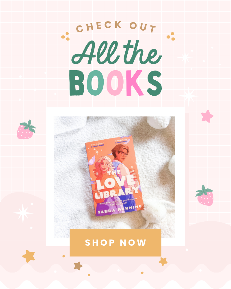 Promotional graphic with a book titled 'The Love Library' on a soft surface, surrounded by decorative elements and text.