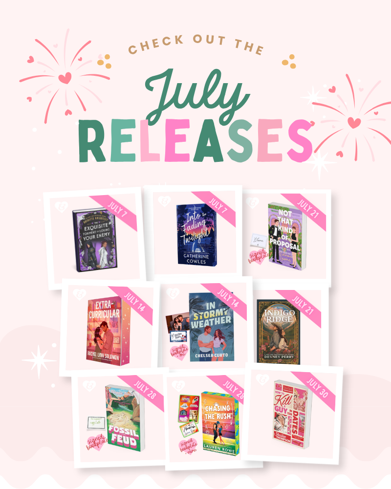 Promotional graphic for July releases with book covers and celebratory text on a white background.