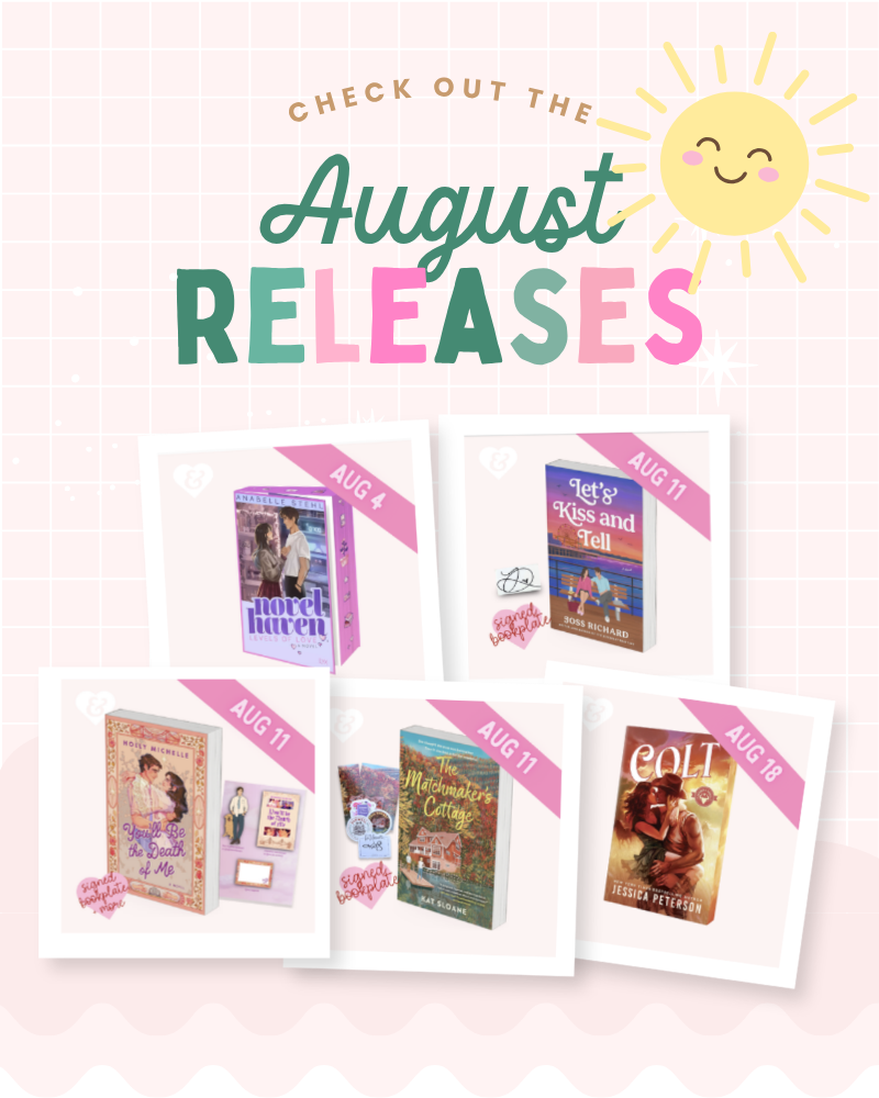 Promotional graphic for August book releases on a pale pink background with a sun illustration. Large text reads 'CHECK OUT THE August RELEASES,' with five sample book covers arranged below on tilted white cards, each marked with an August date.