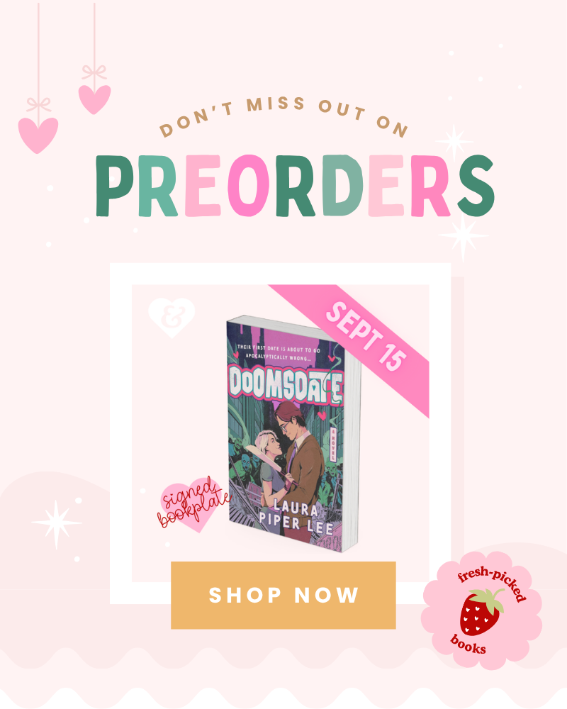 Promotional graphic for book preorder with the title 'PREORDERS' in large multicolor letters on a pale pink background. A framed image shows the book cover for 'Doomsdale' by Laura Piper Lee, with a pink 'SEPT 15' ribbon and a 'SHOP NOW' button.