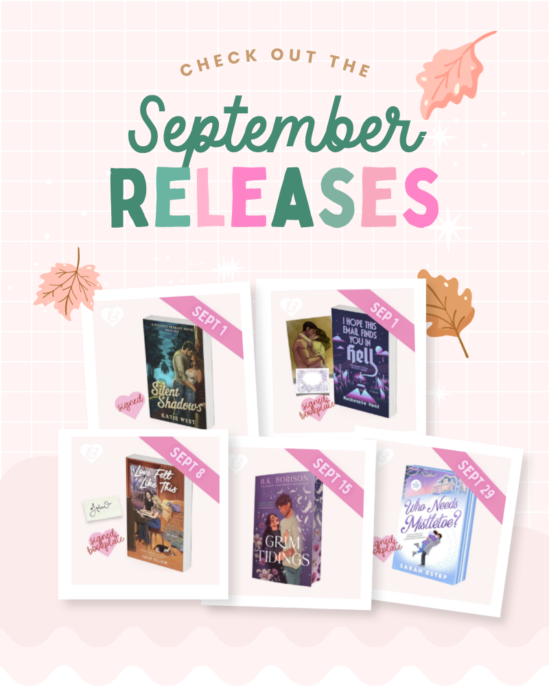 Promotional graphic for September book releases on a pale pink grid background with autumn leaves. Large text reads 'CHECK OUT THE September RELEASES,' with five tilted book-cover previews labeled by dates: Sept 1, Sept 6, Sept 15, Sept 20, and Sept 28.