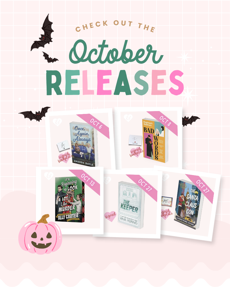 Image with several books framed in white frames and the text "check out the october releases" with fall themed graphics.