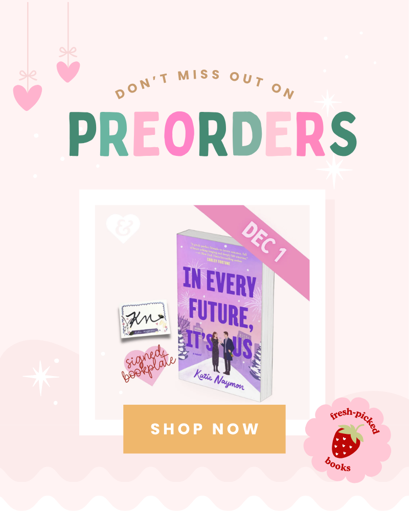 promotional banner for preorder books with pink hills and strawberries. Includes the text "don't miss out on preorders, shop now"
