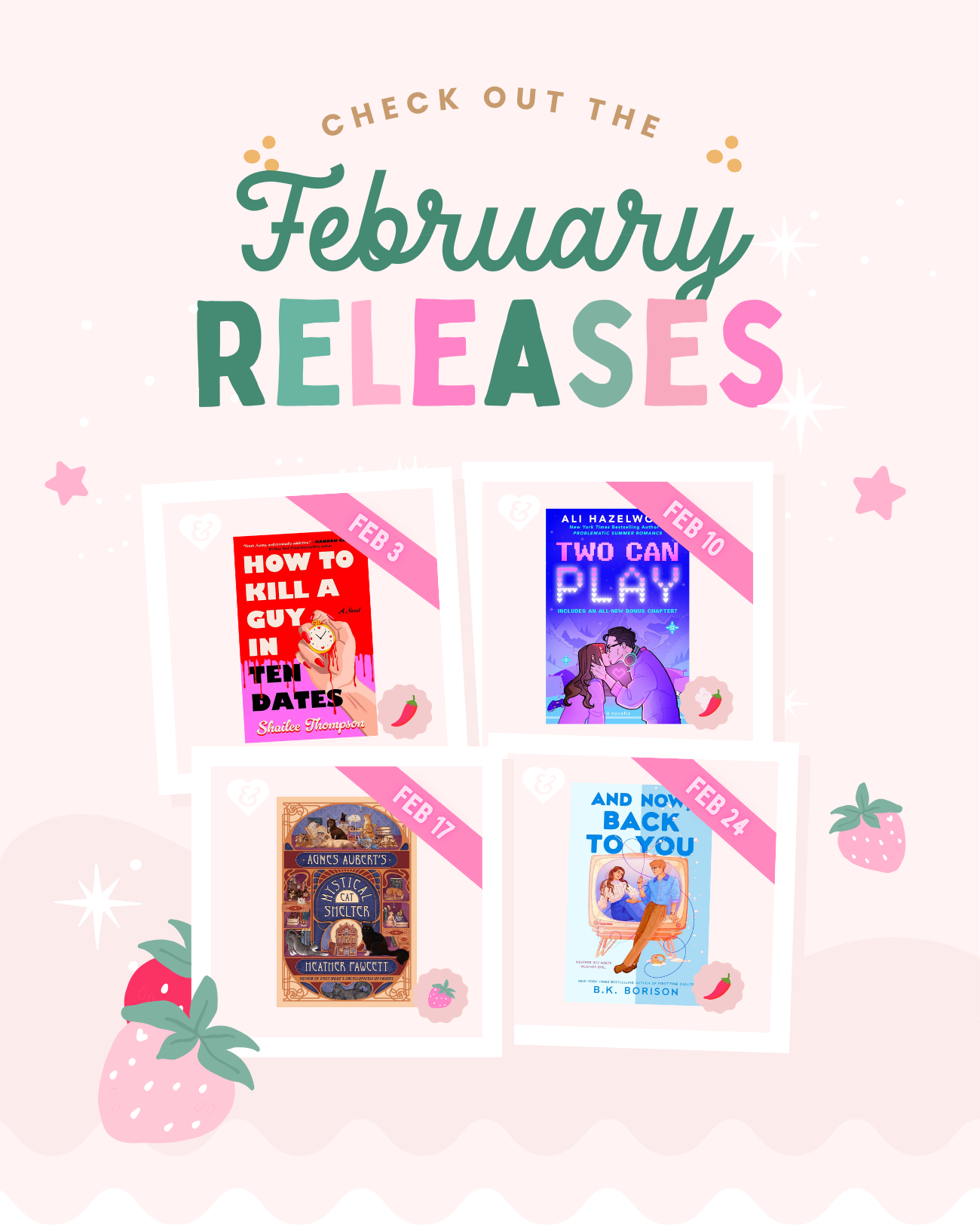 Promotional graphic for February releases with book covers and text on a light pink background.