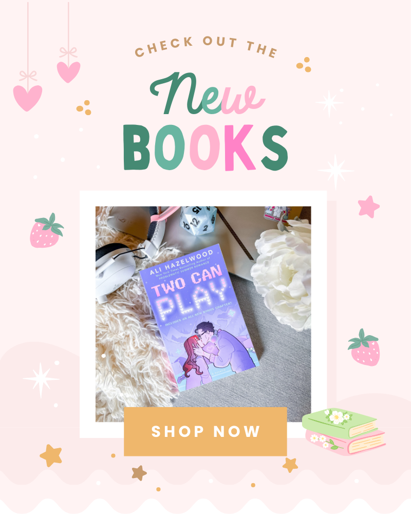 Promotional graphic for new books with a book titled 'Two Can Play' on a pink background with decorative elements.