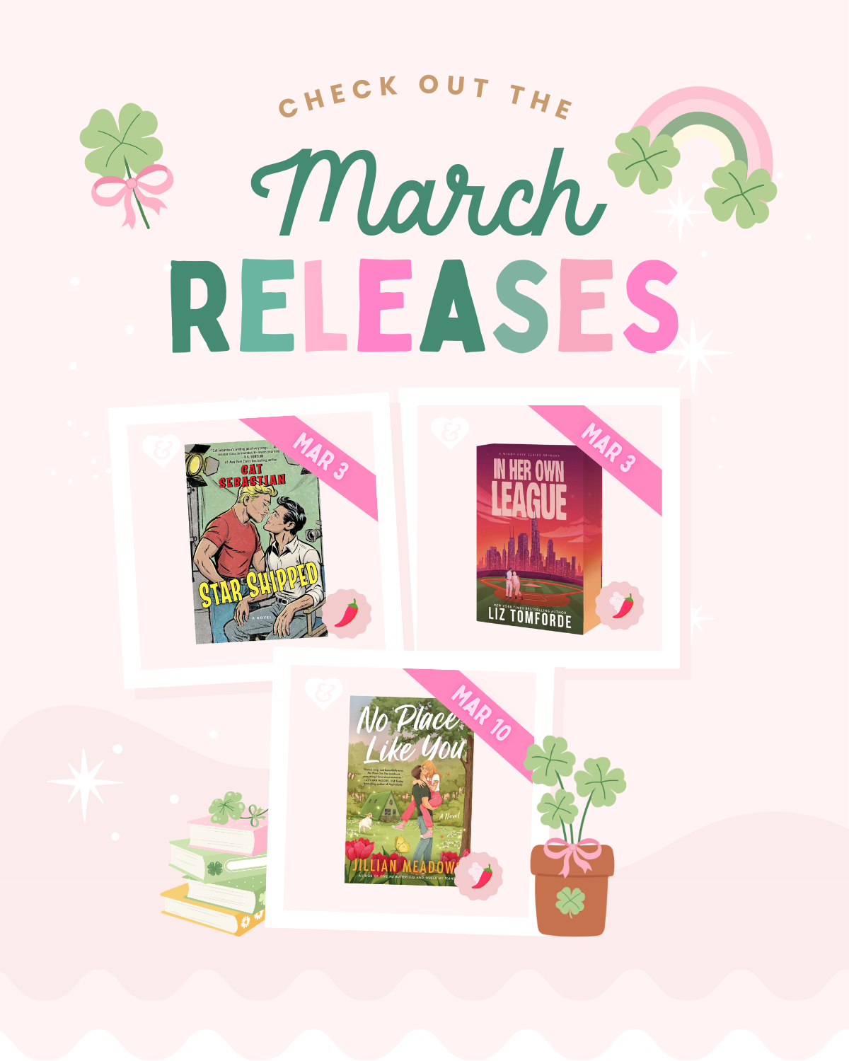 Promotional graphic for March releases with book covers and decorative elements on a light pink background.