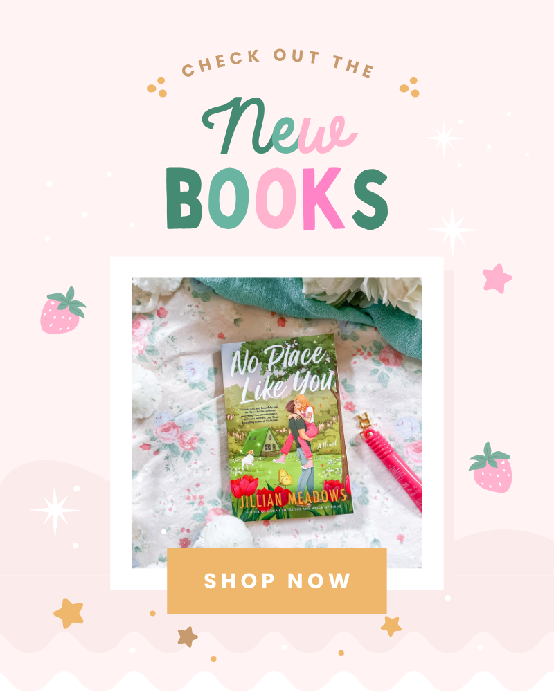 Promotional graphic for new books with a book titled 'No Place Like You' on a pink background with decorative elements.