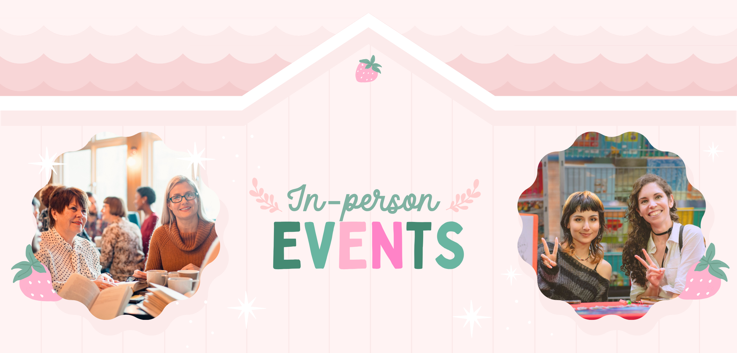 Promotional banner for in-person events with people and decorative elements on a light pink background.